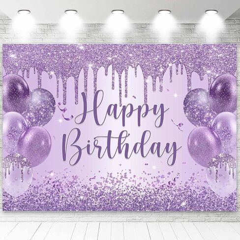 Purple Happy Birthday Backdrop Banner Shiny Glitter Balloon Photography Background for Women Girls Sweet 16 18th 21st 30th Birthday Party Decorations Banner Photo Booth Props 6x4ft in Kuwait