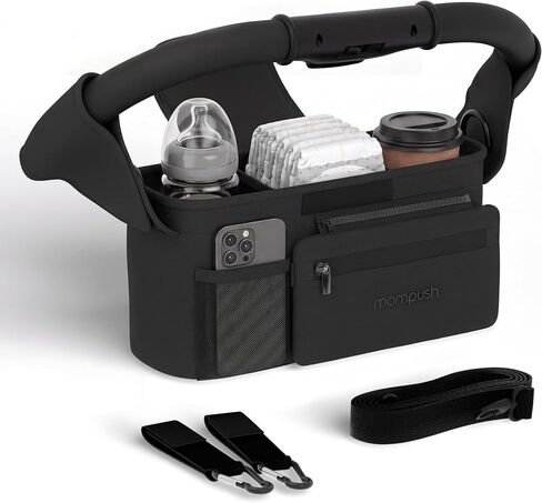 Mompush Universal Stroller Organizer with Insulated Cup Holder | Large storage capacity, multiple pockets, detachable zippered pouch, secure Velcro straps, universal stroller fit in Saudi Arabia