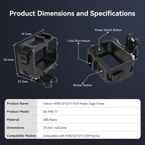 TELESIN Protective Durable Housing Case Compatible for Go Pro Hero 13 Hero 12 Hero 11 Hero 10 Hero 9 Black, Plastic Protective Frame Vlog Cage Case with 1/4" Thread & Cold Shoe Mount for Tripod, Light in Kuwait