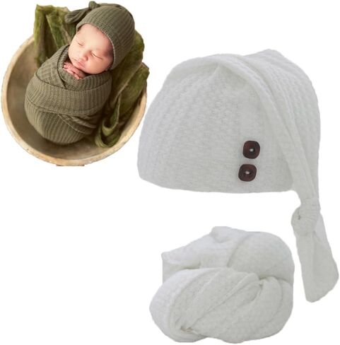 Newborn Baby Photography Wrap with Long Tail Hat Boy Girl Photo Crochet Outfits Picture Blanket Props (White) in Saudi Arabia