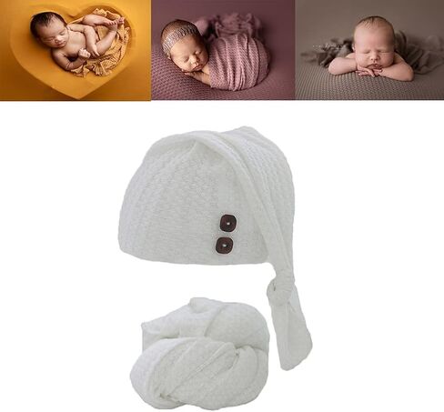 Newborn Baby Photography Wrap with Long Tail Hat Boy Girl Photo Crochet Outfits Picture Blanket Props (White) in Saudi Arabia