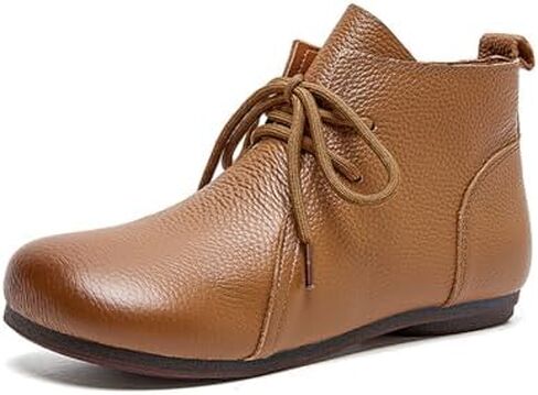Women’s Leather Round Toe Lace-up Flats Ankle Boots Casual Comfort Soft Sole Pull-on High Top Low Heel Short Boots for Office Shopping Walking in Kuwait