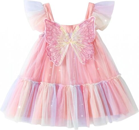 Toddler Girl Summer Casual Tulle Dress Fairy Mesh Ruffle Sleeve Little Girls Sundress Birthday Party Princess Wedding 12M-5Y in Saudi Arabia