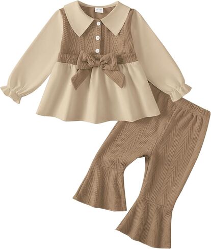 AMAWMW Toddler Baby Girl Clothes Polo Shirt Top Bell Bottom Pants Set | Cute Clothing Set; Fall Winter Outfit; Soft And Breathable Material; Size 18 Months-4 Years Girl in Saudi Arabia