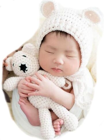 Newborn Photography Props Bear Hat Baby Photoshoots Outfits Photo Posing Crochet Bear Doll Knit Toy Accessories in Saudi Arabia