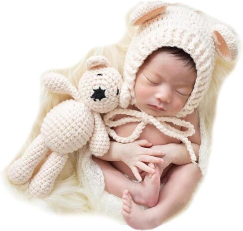 Newborn Photography Props Bear Hat Baby Photoshoots Outfits Photo Posing Crochet Bear Doll Knit Toy Accessories in Kuwait