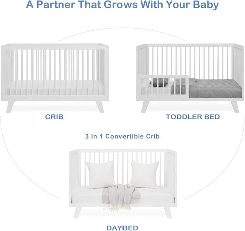 Astin 3-in-1 Convertible Crib with Toddler Guardrail, White | Includes Toddler Guardrail, Converts to Toddler Bed and Daybed, 4 Adjustable Mattress Heights, Fits Full-Size Crib Mattress in Kuwait
