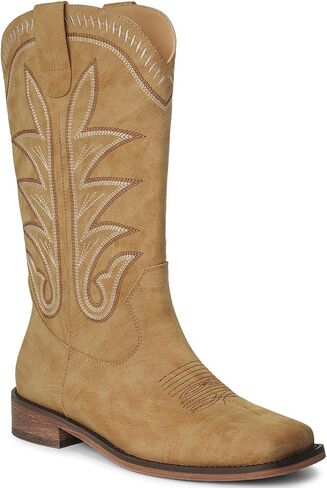 Western Cowboy Boots For Women, Wide Square Toe Cowgirl Boots Mid Calf Country Boot in Saudi Arabia