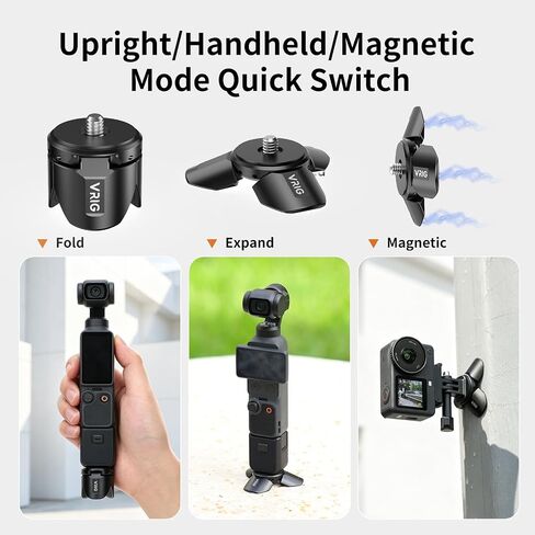 VRIG Magnetic Mini Tripod Stand for DJI OSMO Pocket 4P/4/3,Auto-Deploy Small Desktop Camera Stand with 1/4" Screw for Insta360 Luna Ultra/X5/X4,Portable Aluminum Travel Vlog Action Camera Accessories in Kuwait