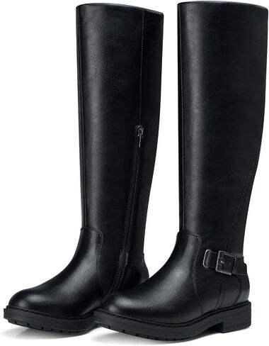 Women's Knee-High Riding Boots: Chunky Block Low Heel Wide Calf | Comfortable for All-Day Wear, Side Zipper with Buckle, Long Dress Tall Boots for Fall Winter Black WT Size 8 in Kuwait