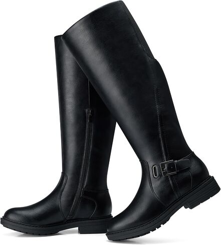 Women's Knee-High Riding Boots: Chunky Block Low Heel Wide Calf | Comfortable for All-Day Wear, Side Zipper with Buckle, Long Dress Tall Boots for Fall Winter Black WT Size 8 in Kuwait