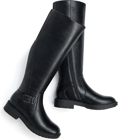 Women's Knee-High Riding Boots: Chunky Block Low Heel Wide Calf | Comfortable for All-Day Wear, Side Zipper with Buckle, Long Dress Tall Boots for Fall Winter Black WT Size 8 in Kuwait