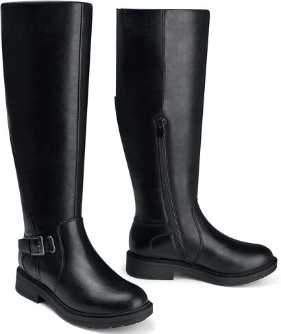 Women's Knee-High Riding Boots: Chunky Block Low Heel Wide Calf | Comfortable for All-Day Wear, Side Zipper with Buckle, Long Dress Tall Boots for Fall Winter Black WT Size 8 in Kuwait