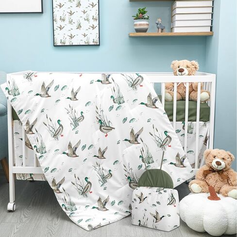 Oudain 4 Piece Mallard Duck Crib Bedding Set, Baby Boys Girls, Standard | Includes Crib Skirt, Fitted Sheet, Blanket, Diaper Stacker, Soft Neutral Nursery Decor for Boys or Girls, Standard Size in Kuwait