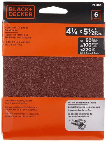 BLACK+DECKER Sandpaper Assortment, 1/4-Inch Sheet, 6-Pack (74-606) in Kuwait