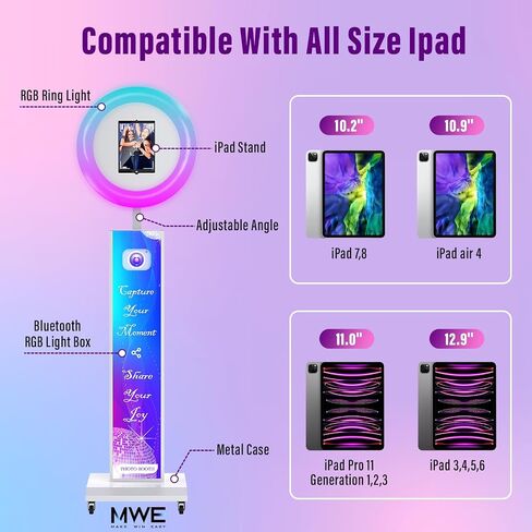 JIYANG Portable Photo Booth Compatible with Ipad 12.9in 11in 10.9in 10.2in, Photo Booth Machine with Software APP Control,Music Sync,Free Custom Logo,Flight Case,for Parties,Wedding,Events(White) in Kuwait