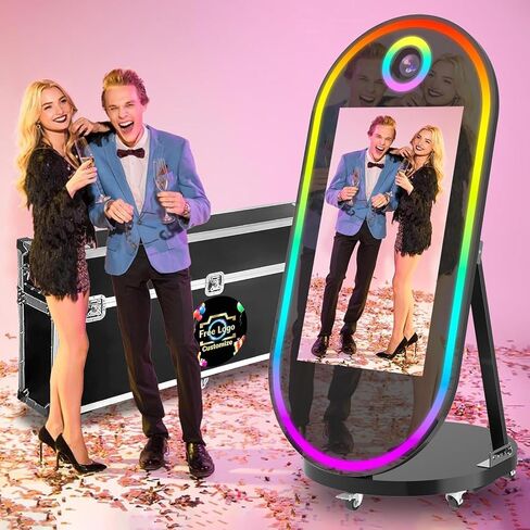 Mirror Photo Booth with Fligt Case, 60'' Oval Magic Mirror Photo Booth with 32'' Interactive Touch Screen,RBG Light,Music Sync Instant Print Professional Photography for Party Events Wedding (Black) in Saudi Arabia