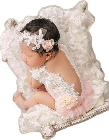Zeroest Baby Girls Photography Lace Outfits & Props | Newborn Girl Photo Shoot Set with Romper, Headbands, Infant Photoshoot Prop in Kuwait