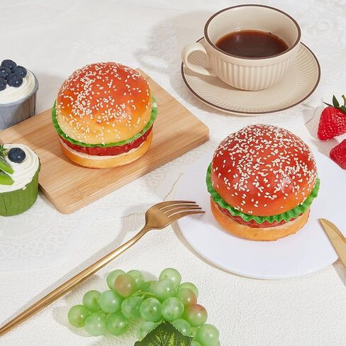 CREATCABIN 2Pcs Artificial Hamburger Realistic Faux Display Food Imitation Leather Deep Fry Burger Simulation Food Kitchen Figure Ornaments for Party Photography Props Landscape Table DIY Decor in Kuwait