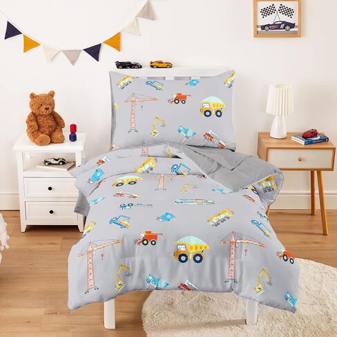 Wake In Cloud - Toddler Bedding Set for Boys, 100% Cotton Fabric, Construction Vehicles Excavator Truck, 4 Pieces Soft Crib Bed Set Including Comforter, Sheets and Pillowcase, Light Gray in Kuwait