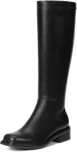 Knee High Boots for Women - Low Heel Square Toe Tall Boots with Side Zipper, Comfortable Long Flat Boots for All-day Wear Spring Fall, Black, Size 12 in Kuwait