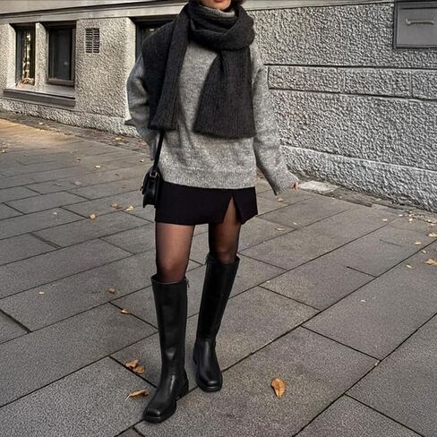 Knee High Boots for Women - Low Heel Square Toe Tall Boots with Side Zipper, Comfortable Long Flat Boots for All-day Wear Spring Fall, Black, Size 12 in Kuwait