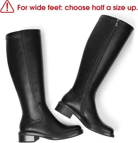 Knee High Boots for Women - Low Heel Square Toe Tall Boots with Side Zipper, Comfortable Long Flat Boots for All-day Wear Spring Fall, Black, Size 12 in Kuwait