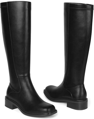 Knee High Boots for Women - Low Heel Square Toe Tall Boots with Side Zipper, Comfortable Long Flat Boots for All-day Wear Spring Fall, Black, Size 12 in Kuwait