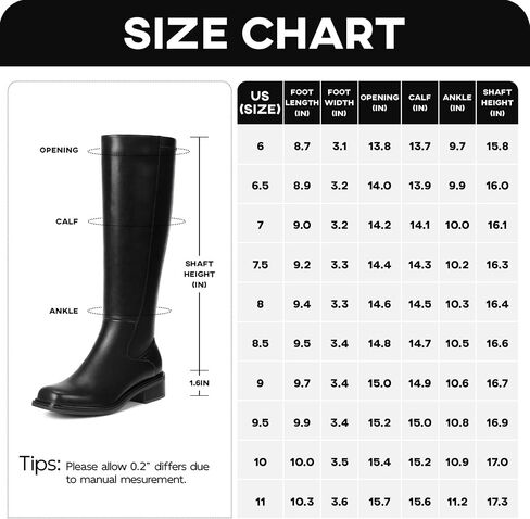 Knee High Boots for Women - Low Heel Square Toe Tall Boots with Side Zipper, Comfortable Long Flat Boots for All-day Wear Spring Fall, Black, Size 12 in Kuwait