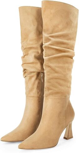 Coutgo Women's Slouchy Knee High Boots Wide Calf Pointed Toe Side Zipper Chunky Heel Long Boots Winter Shoes in Kuwait