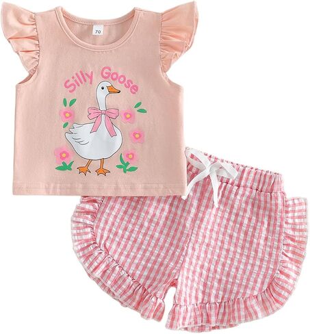 Infant Baby Girl Outfit Silly Goose Print Flying Sleeve T Shirt Tops Ruffled Gingham Shorts Set Toddler Summer Clothes in Kuwait