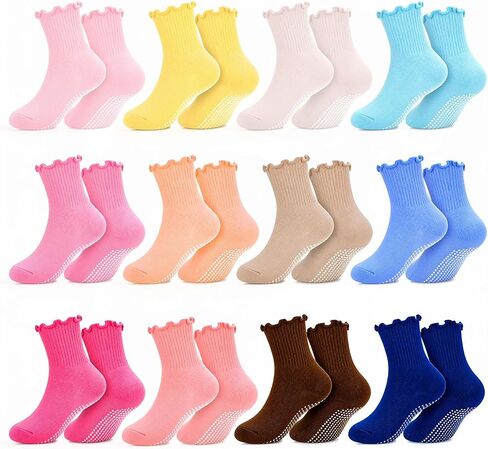12 Pair Baby Toddler Ruffle Grip Socks Non Slip Girls Cotton Socks | Comfortable Soft Cotton, Full Anti Slip Grips, Frilly Kids Socks for 1-5 Years Daily School All Season Wear in Kuwait