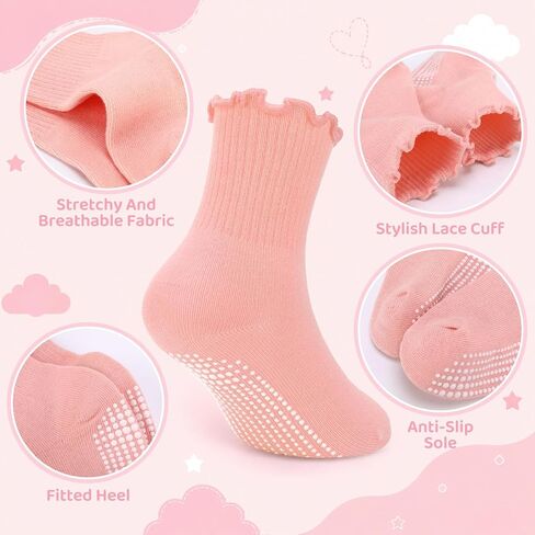 12 Pair Baby Toddler Ruffle Grip Socks Non Slip Girls Cotton Socks | Comfortable Soft Cotton, Full Anti Slip Grips, Frilly Kids Socks for 1-5 Years Daily School All Season Wear in Kuwait