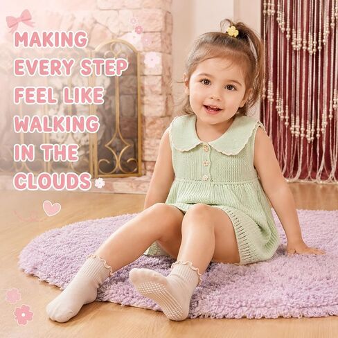 12 Pair Baby Toddler Ruffle Grip Socks Non Slip Girls Cotton Socks | Comfortable Soft Cotton, Full Anti Slip Grips, Frilly Kids Socks for 1-5 Years Daily School All Season Wear in Kuwait
