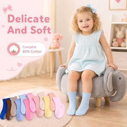12 Pair Baby Toddler Ruffle Grip Socks Non Slip Girls Cotton Socks | Comfortable Soft Cotton, Full Anti Slip Grips, Frilly Kids Socks for 1-5 Years Daily School All Season Wear in Kuwait