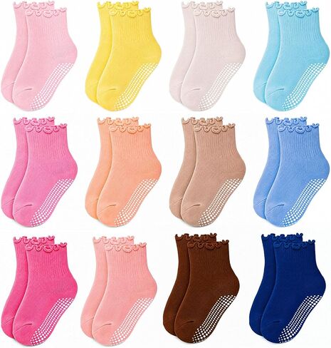 12 Pair Baby Toddler Ruffle Grip Socks Non Slip Girls Cotton Socks | Comfortable Soft Cotton, Full Anti Slip Grips, Frilly Kids Socks for 1-5 Years Daily School All Season Wear in Kuwait