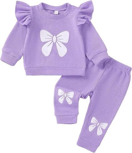 Mioglrie Baby Girl Clothes Infant Fall Winter Outfits Ruffle Long Sleeve Bow Print Sweatshirt Pant Sets for Girls 3-24 Months in Kuwait