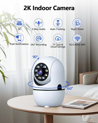 2K Indoor WiFi Security Camera, 360° Wireless Cameras for Home Security | Baby/Pet/Dog Video Surveillance Camera, 2-Way Audio, Color Night Vision, Auto Tracking, No monthly Fees in Kuwait
