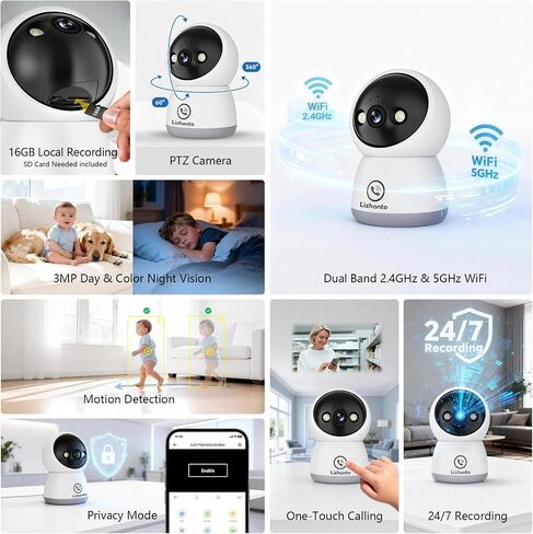 3MP WiFi Indoor Pet Security Camera | 360° Pan Tilt, 16GB Local Storage, Plug-In Wired Power | Color Night Vision, Motion Detection for Baby, Pets, Home in Kuwait