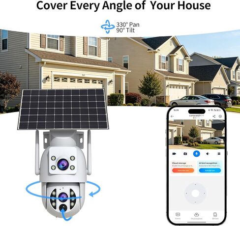 JOOAN 2K Dual Lens Solar Security Camera Wireless Outdoor, 2.4G WiFi Battery Outside Camera w/PTZ Auto Tracking, Sound/Human Detection, Color Night Vision,2-Way Audio,IP66 Waterproof,SD/Cloud Storage in Kuwait