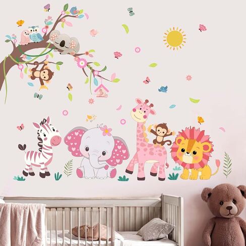 Pink Forest Baby Animals Wall Decals - Elephant Lion Giraffe Monkey Zebra Wall Stickers - Nursery Kids Girls Boys Room Daycare Playroom Classroom Wall Decor in Kuwait