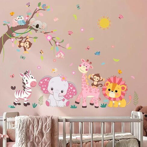 Pink Forest Baby Animals Wall Decals - Elephant Lion Giraffe Monkey Zebra Wall Stickers - Nursery Kids Girls Boys Room Daycare Playroom Classroom Wall Decor in Kuwait