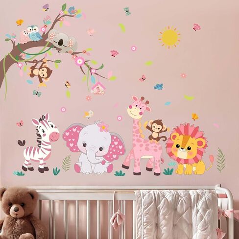 Pink Forest Baby Animals Wall Decals - Elephant Lion Giraffe Monkey Zebra Wall Stickers - Nursery Kids Girls Boys Room Daycare Playroom Classroom Wall Decor in Kuwait