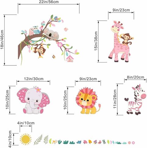 Pink Forest Baby Animals Wall Decals - Elephant Lion Giraffe Monkey Zebra Wall Stickers - Nursery Kids Girls Boys Room Daycare Playroom Classroom Wall Decor in Kuwait
