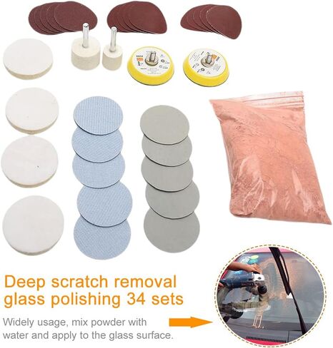 Glass Polishing Kit, 34Pcs Deep Scratch Remover Set for Windshield, Windows & Glass Repair with Felt Polishing Pads in Kuwait