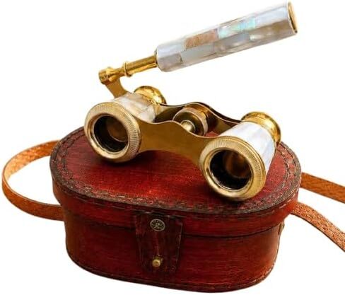 Vintage Mother of Pearl Opera Glasses Binoculars with Handle & Leather Storage Case | Handmade Brass Theatre Binoculars in Kuwait