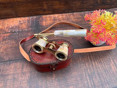 Vintage Mother of Pearl Opera Glasses Binoculars with Handle & Leather Storage Case | Handmade Brass Theatre Binoculars in Kuwait