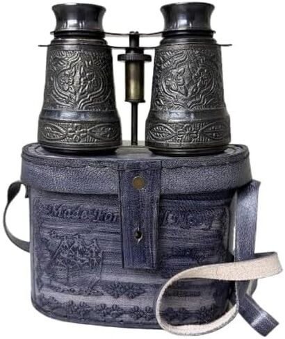 Vintage Antique Black Brass Binoculars with Engraved Floral Design & Leather Carry Case | Handmade Nautical Marine Collectible | Decorative Opera Glasses for Home Office in Kuwait