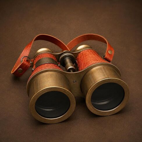 5 Inch Vintage Brass Binocular with Brown Engraved Leather Cover | Handmade Antique Maritime Binocular | Nautical Collectible | Decorative Opera Glasses in Kuwait