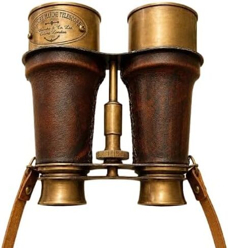 Vintage Solid Brass Marine Telescope Binoculars with Genuine Leather Wrap & Carrying Strap - Handmade Nautical Decorative Antique Gift in Kuwait